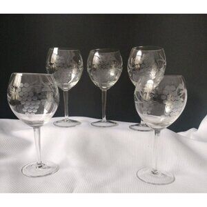 Set Of 5 Bohemian Handblown Glass 6" 1/2 Wine Glasses Grape Clusters Etched New